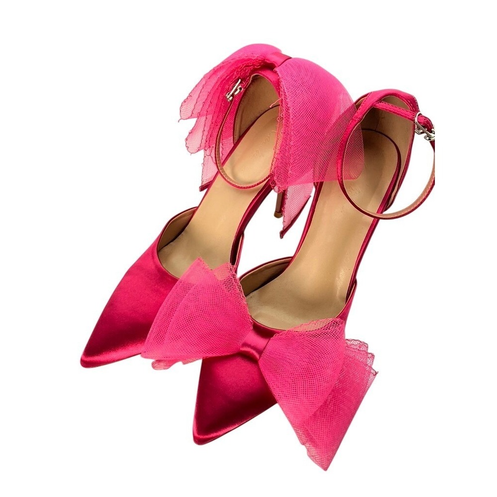 Kandisani Bow Pumps Women 40 Pink Satin Tulle Ankle Strap Pointed Toe